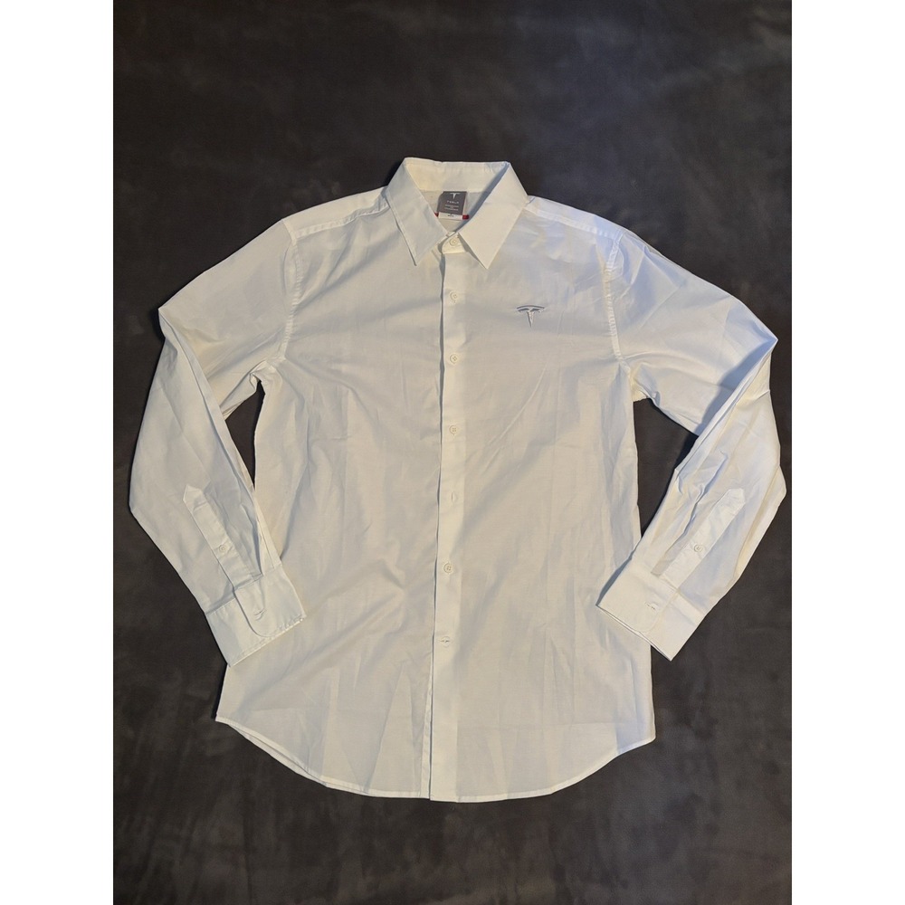 Tesla Button Up Shirt Mens Medium White Long Sleeve Logo Embroidered TSL2982